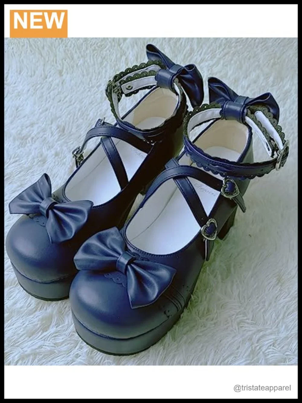 Lolita Platform Heels Ankle Strap Pumps Faux Leather Chunky Block Heel